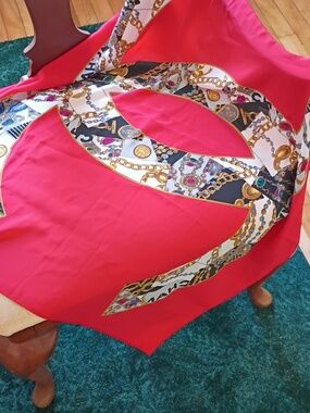 CHANEL Red Silk Scarf with Multicolor Chain-Print CC Logo